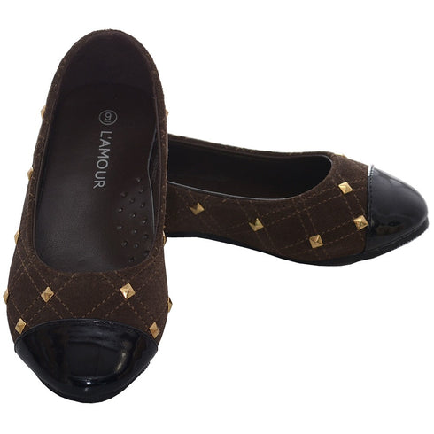 L'Amour Brown Suede Patent Gold Stud Ballet Flat Shoe Little Girl 11-4 - SophiasStyle.com